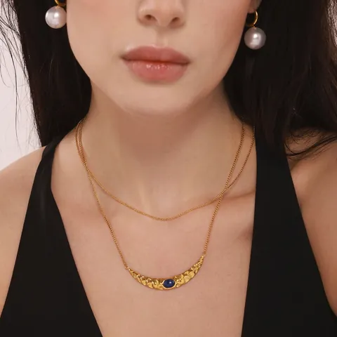 Titanium Steel Crescent Moon Pendant Necklace Lapis Lazuli Double Layer Bead Chain Artificial Pearl Earrings Jewelry Set