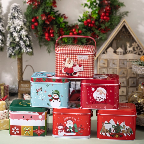 Festliche Weihnachts-Weißblech-Geschenkbox Metall-Aufbewahrungsbehälter Mit Griff Für Süßigkeiten Kekse Tragbarer Party-Gefallen