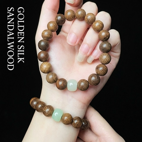 Beaded Bracelet Golden Satin Sandalwood Wood With Jade Like Accent Bead Zen Vintage Minimalist Unisex Hand Polished