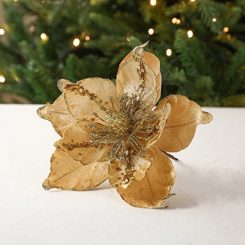 Artificial Christmas Flowers Poinsettia Stems Glitter Sequins Fabric For Christmas Tree Decorations Holiday Party Decor