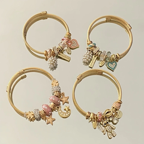 Pulsera De Dijes De Acero Inoxidable Dorado Ajustable Con Oso Corazón Estrella Diamantes De Imitación Esmalte Para Mujeres