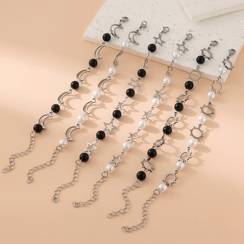 Stainless Steel Artificial Pearl Sun Moon Star Pendant Bracelet For Men Women Fashion Beaded Hand Chain Jewelry Gift