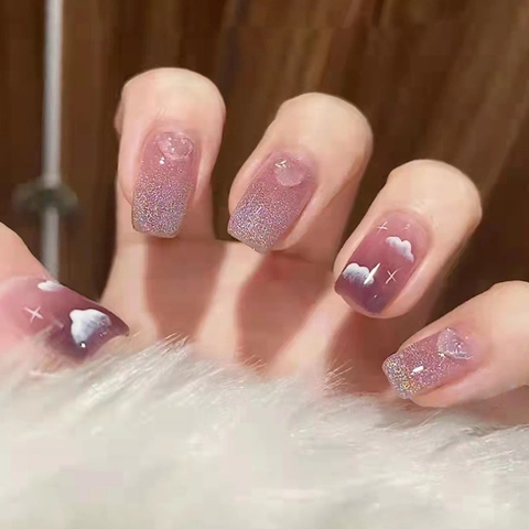 Purple Gradient False Nails Glitter Cloud Star Pattern Square Round Press On Nails Elegant Sweet Style For Women