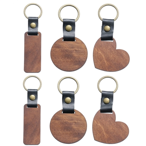 Portachiavi In Legno Vintage Noce E Pelle PU Anello Retro Minimalista Pendente Cuore Tondo Rettangolo Per Chiavi