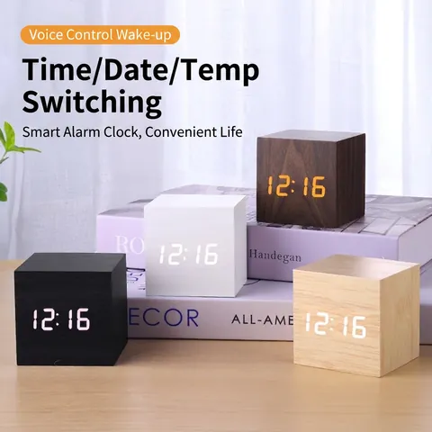 Reloj Despertador De Madera LED Cubo Digital Control De Sonido Temperatura Fecha MDF PVC Decoración De Escritorio