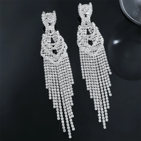 Luxury Rhinestone Long Tassel Drop Earrings For Women Elegant Bridal Wedding Party Geometric Copper Dangle Jewelry Gift