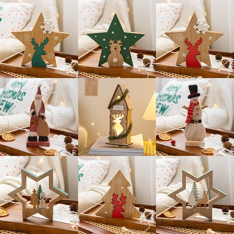 Christmas Desktop Ornaments Wooden LED Light House Star Reindeer Snowman Festive Home Decor Handicraft Gift