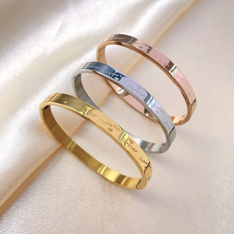 Bracciale Rigido Cuore Inciso I Love You Forever Acciaio Inossidabile Titanio Lucidato A Specchio Gioielli Romantici