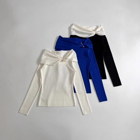Haut En Tricot À Épaules Dénudées Pour Femmes Pull À Manches Longues À Côtes Avec Décoration D'épingle En Métal Coupe Ajustée
