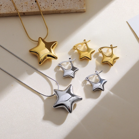 Collana A Catena Di Serpente Stella Pentagramma 3D In Acciaio Inossidabile Lucidato Placcato Oro E Orecchini A Stella