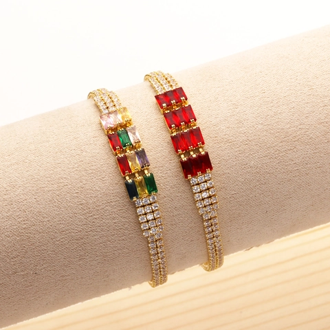 Elegant Gold Plated Tennis Bracelet Rectangular Colorful Red Zircon Multi Row Rhinestones Luxury Party Jewelry Women