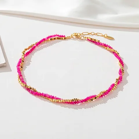 Collana a Doppio Strato in Pietra Naturale Fatta a Mano per Donna Quarzo Rosa Ematite Agata Nera Rame Placcato Oro