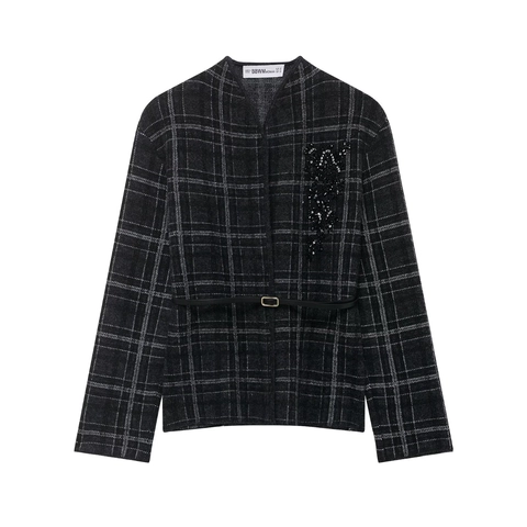 Women Knitted Plaid Cardigan Jacket Long Sleeve Round Neck With Sequin Embroidery And Faux Leather Belt