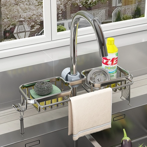 Kitchen Faucet Storage Rack Stainless Steel Aluminum Adjustable Sink Drainer Shelf With Hook Towel Bar Organizer