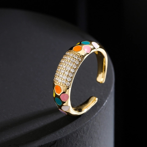 Anillo Ajustable Abierto Geométrico Cobre Bañado Oro 18K Esmalte Color Circonita Micro Pavimentada Joyería Moda Mujer