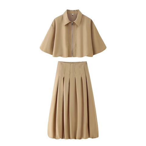 Women Outfit Short Sleeve Zipper Crop Jacket And High Waist Pleated Mid Skirt Polyester Cotton Urban Streetwear Style