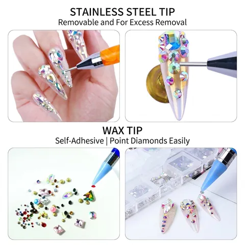Nail Art Rhinestone Picker Dotting Pen Dual Ended Acrylic Marble Handle Self Adhesive Wax Tip Stainless Steel Needle Tool