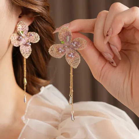 Handmade Woven Flower Long Tassel Earrings With Glass Beads And Silver Earring Post Vintage Court Style Elegant For Women