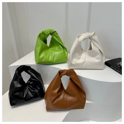Women PU Leather Handbag Pleated Knot Handle Chic Minimalist Hobo Shoulder Bag Solid Color Casual Fashion Bag