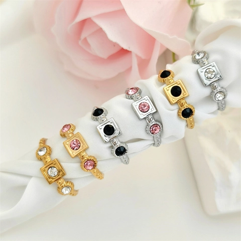 Geometric Stainless Steel Adjustable Ring Retro Rhinestone Inlay Vintage Niche Style High End Jewelry For Women