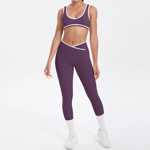 Women Yoga Outfits Breathable Nylon Spandex Fitness Running Contrast Binding Cross High Waist Sports Bra And Leggings