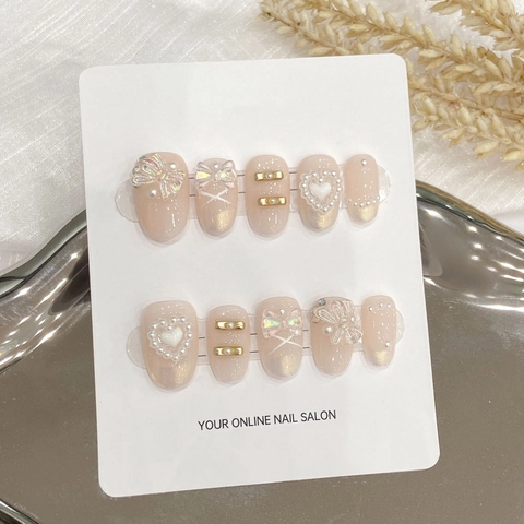 Handmade Press On Nails Cat Eye Resin With Rhinestone Bow And Artificial Pearl Heart Elegant French Style For Women