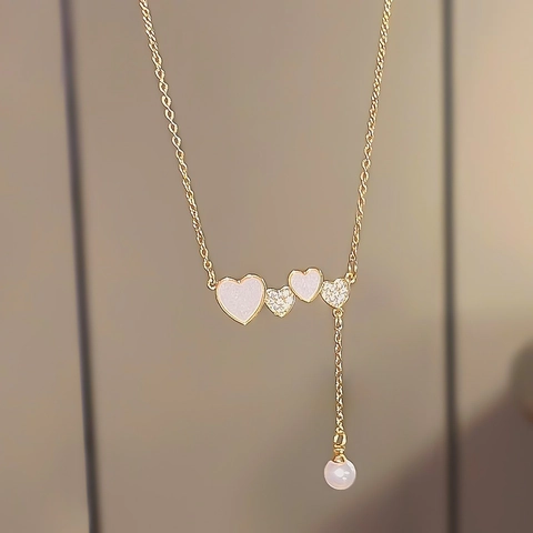 Elegante Titanstahl Herz Anhänger Halskette Mit Künstliche Perle Strass Einlage Gold Farbe Schmuck Für Damen