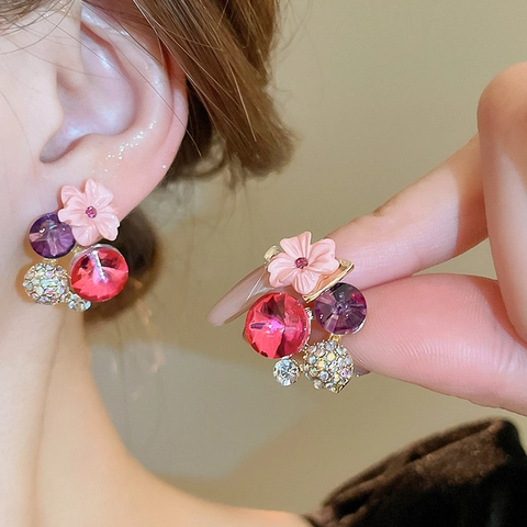 Blumen Ohrstecker Mit Silberohrstecker Legierung Harz Strass Vintage Kontrastfarbe Süßer Schmuck Für Damen