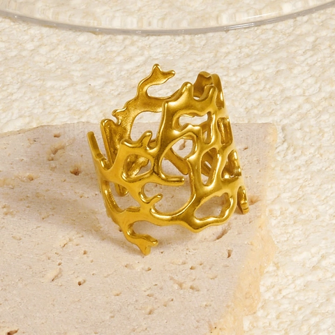Anillo Rama De Coral Hueco Irregular Acero Inoxidable 304 Chapado En Oro 18K Banda Ancha Ajustable Joyería Para Mujeres