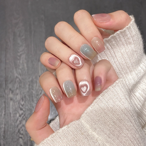 Handmade Press On Nails Pink Cyan Gradient Cat Eye Magnetic Gel Fake Nails With 3D Relief Heart Trapezoid Coffin Nails For Women