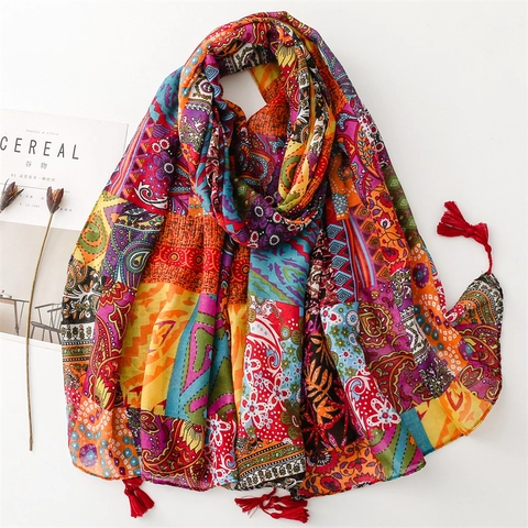 Écharpe Châle Bohème Ethnique Imprimé Paisley Polyester Voile Avec Gland Rétro Léger Femmes