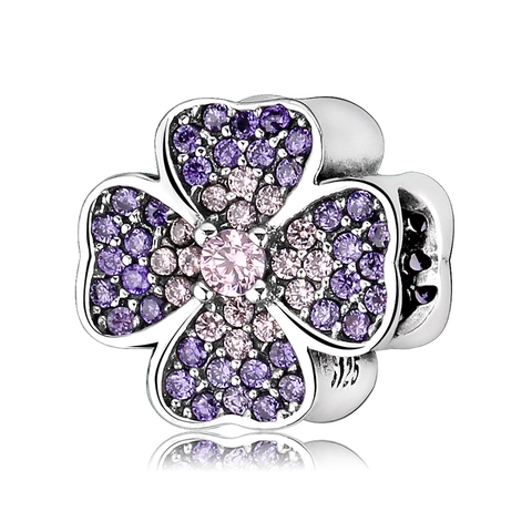 Clover Charm Bead 925 Sterling Silver Sparkling Pink Purple Zirconia DIY Bracelet Accessory For Women Fashion Jewelry