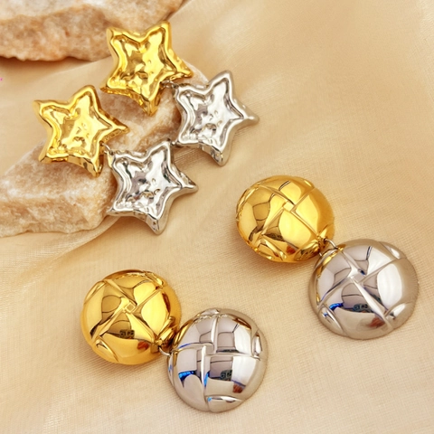Orecchini Vintage In Acciaio Inossidabile Bicolore Oro E Argento Motivo Trapuntato Forma Di Stella Per Donna