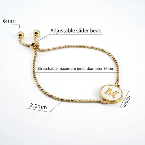 Initial Bracelet 18K Gold Plated Stainless Steel Mother Of Artificial Pearl Round Pendant Adjustable Box Chain Jewelry For Women
