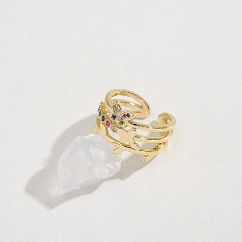 Bague Ouverte Papillon Laiton Plaqué Or Triple Couche Zircon Coloré Bijoux De Mode Pour Femmes