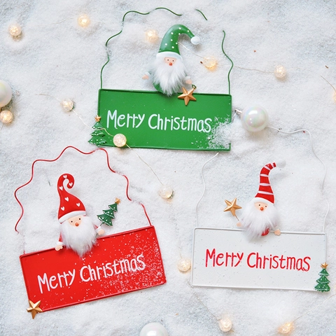Merry Christmas Hanging Sign Metal Iron Santa Claus Gnome Ornament Xmas Tree Door Wall Decor Festive Holiday Home