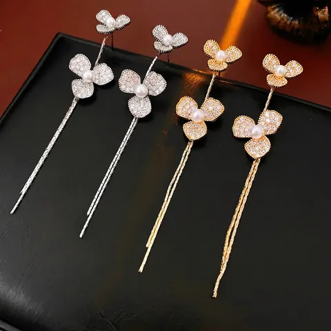 Elegant Flower Tassel Drop Earrings With Zircon Imitation Artificial Pearl And Silver Earring Post French Retro For Women