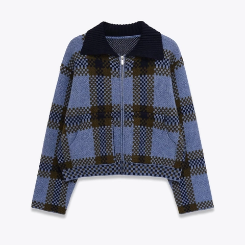 Women Plaid Knit Cardigan Jacket Zipper Up Turn Down Collar Long Sleeve Casual Vintage Checkered Sweater