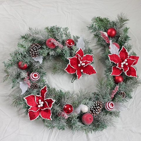 Artificial Christmas Garland Red Berries Pine Cones Flocked Pine Needles For Fireplace Mantel Table Holiday Home Decor