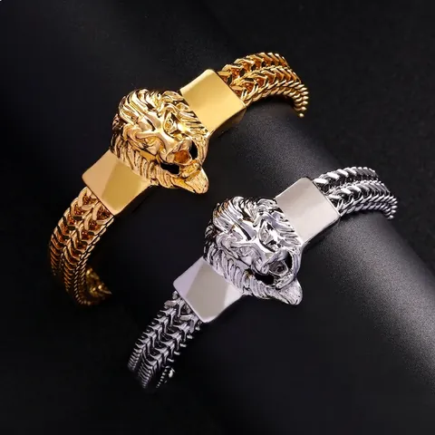 Men Lion Head Bracelet Stainless Steel Braided Wheat Chain Leather Hip Hop Punk Gothic Jewelry