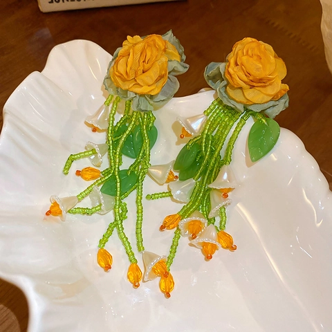 Alloy Blumen Quaste Ohrhänger Mit Stoffrose Und Perlen Sowie Silberohrstecker Waldstil Für Damen