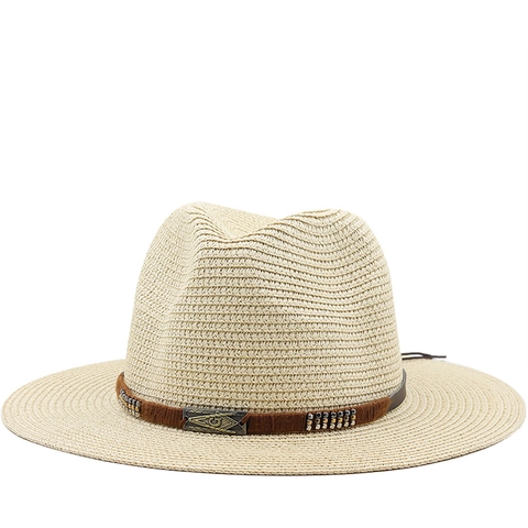 Chapeau De Paille Fedora Cowboy Western Respirant Protection Solaire Bord Large Plage Été Boucle Métallique Vintage Unisexe