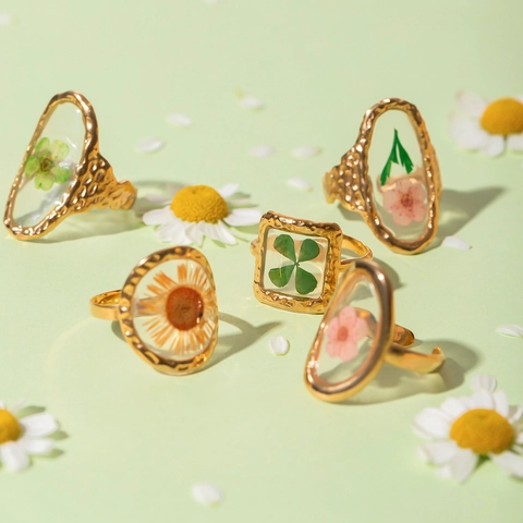 Anillo De Acero Inoxidable Vintage Con Flores Secas Reales Resina Chapado En Oro Ajustable Joyería Geométrica Mujer