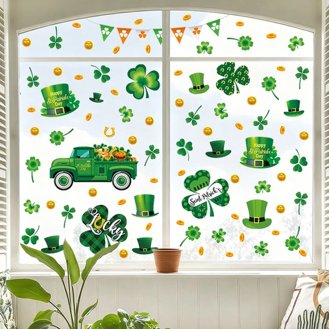 St Patricks Day PVC Window Clings Shamrock Wall Stickers Green Truck Leprechaun Hat Lucky Gold Coins Festive Home Shop Decor