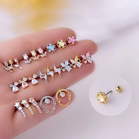 Zirkon Inlaid Edelstahl Knorpel Ohrring Stecker Schraubkugel Rückseite Helix Piercing Blume Stern Schmetterling Damen Schmuck