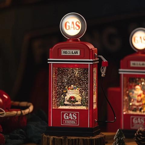 Christmas Gas Station Snow Globe Music Box LED Light Automatic Glitter Water Lantern Retro Desktop Holiday Gift Decor