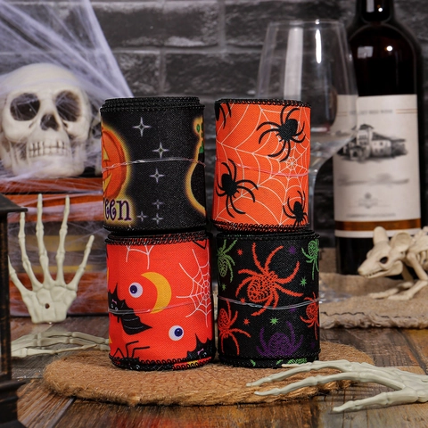Halloween Wired Ribbon Fabric Spider Pumpkin Bat Printed Decorative Webbing For Party DIY Gift Wrapping