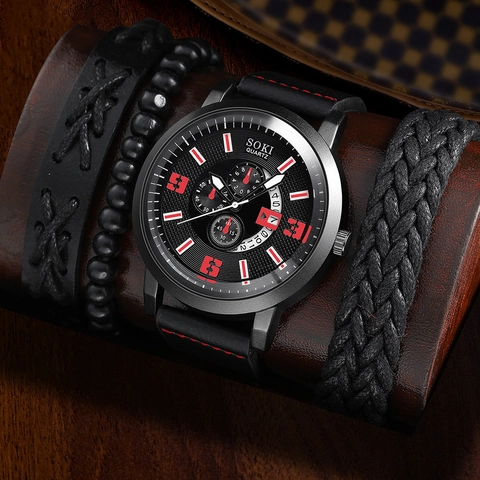 Men Watch And Bracelets Alloy Case Faux Leather Band Quartz Business Casual Fashion Gift Vintage Analog Wristwatch