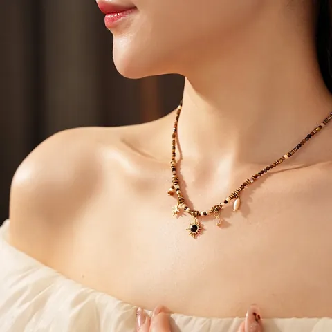 Collana Di Perline Bohémien Con Pietra Occhio Di Tigre E Pendenti Sole Stella In Acciaio Inossidabile Gioielli Retro