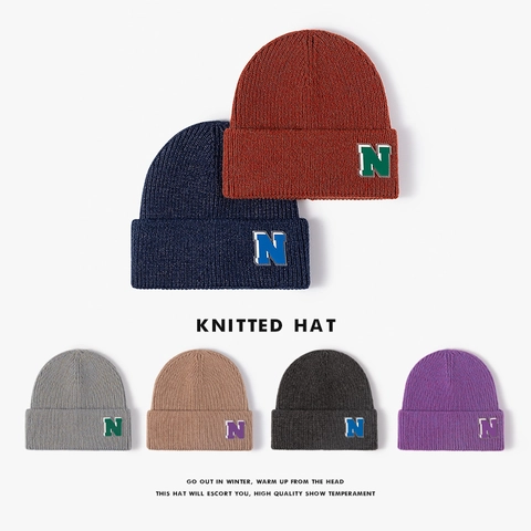 Gorro De Punto Piel De Conejo Artificial Cálido A Prueba De Viento Parche Letra N Estilo Coreano Casual Mujeres Hombres